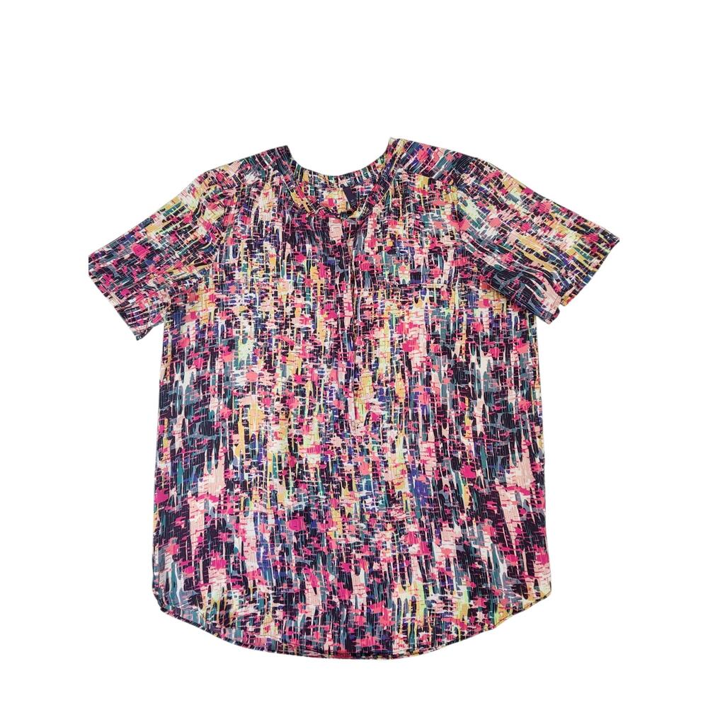 NYDJ Medium Multicolor Abstract Print Short Sleeve Blouse Top